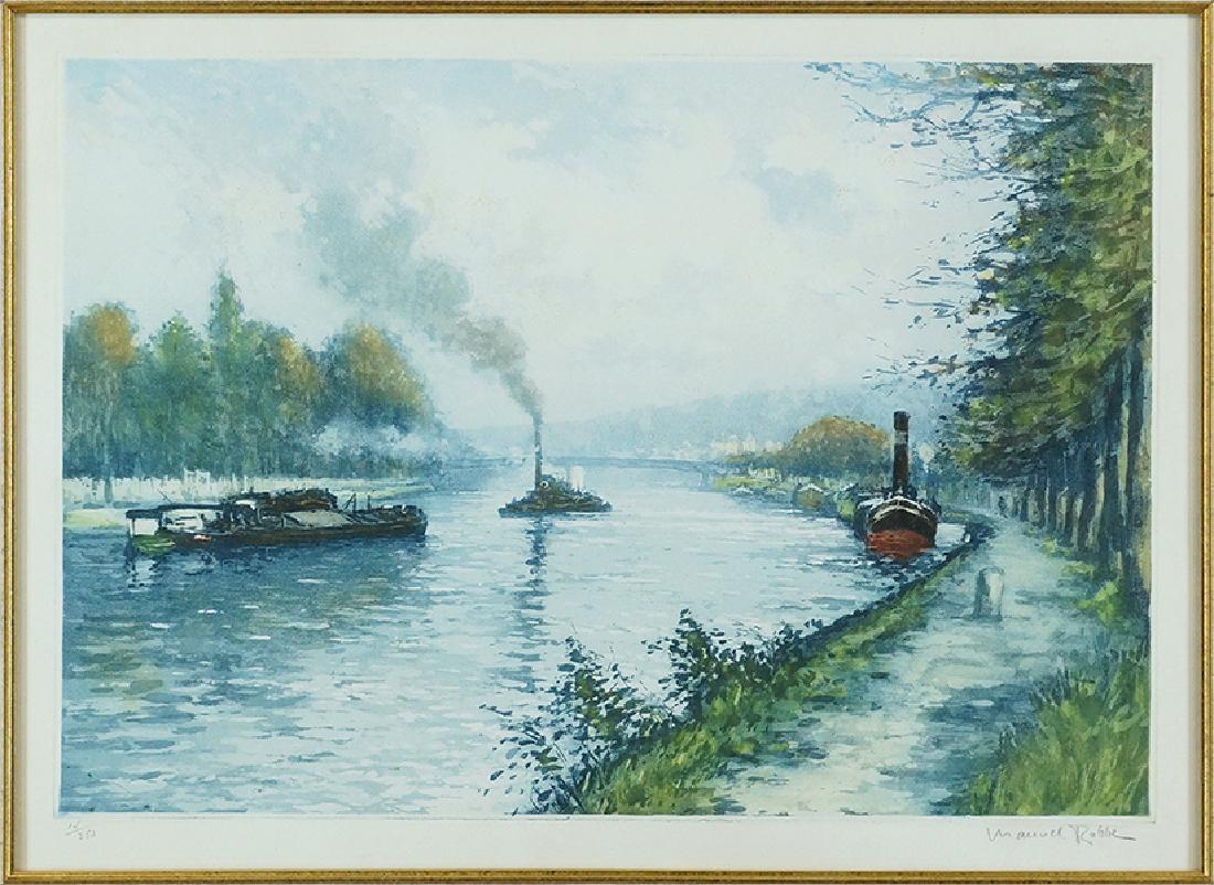 Manuel Robbe (French, 1872-1936) Bateaux sur la: Manuel Robbe (French, 1872-1936) Bateaux sur la Riviere. Color aquatint, pencil signed lower right and numbered 14/350. Provenance: Zygman Voss Gallery, Chicago 13.5" x 19.25" Frame: 26.75" x 32"
