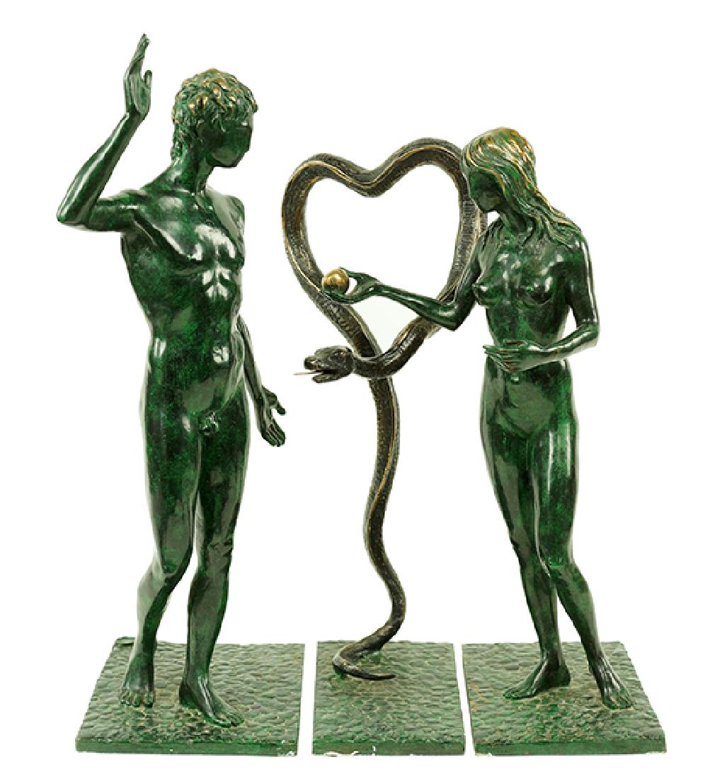 Salvador Dali (Spanish, 1904-1989) Adam and Eve.: Salvador Dali (Spanish, 1904-1989) Adam and Eve. Three-piece bronze sculpture with green and black patinas, inscribed 'Dali' on the base, with foundry mark 'MENORISIO CERA PERSA' and numbered 'E.A. 1/