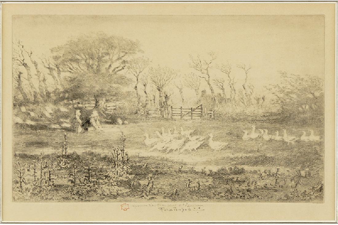 Felix Buhot (French, 1847-1898) Les Oies.: Felix Buhot (French, 1847-1898) Les Oies. Etching, aquatint, and drypoint dated to 1887, a pale impression, with the artist's stamp, signed and inscribed 'epreuve d'artiste tire a l'Essence'. Ref: Bou