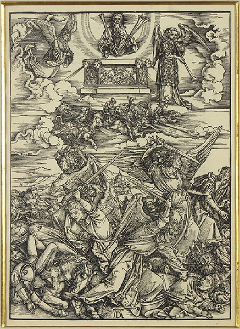 Albrecht Durer (German, 1471-1528) The Four Avenging: Albrecht Durer (German, 1471-1528) The Four Avenging Angels. Woodcut dated to 1498, from 'The Apocalypse', 1511 Latin text edition, with no visible watermark. Ref: Meder 171. Provenance: Merrill Chase