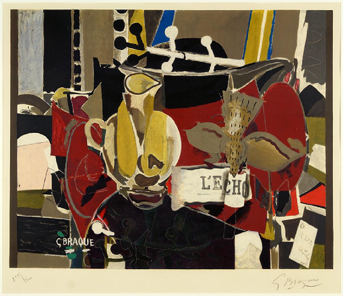 After Georges Braque (French, 1882-1963) L'Echo.: After Georges Braque (French, 1882-1963) L'Echo. Color lithograph c. 1960 pencil signed lower right and numbered 225/300, Ref: Maeght 1041 19.75" x 24.75", Frame: 30.25" x 33.25"