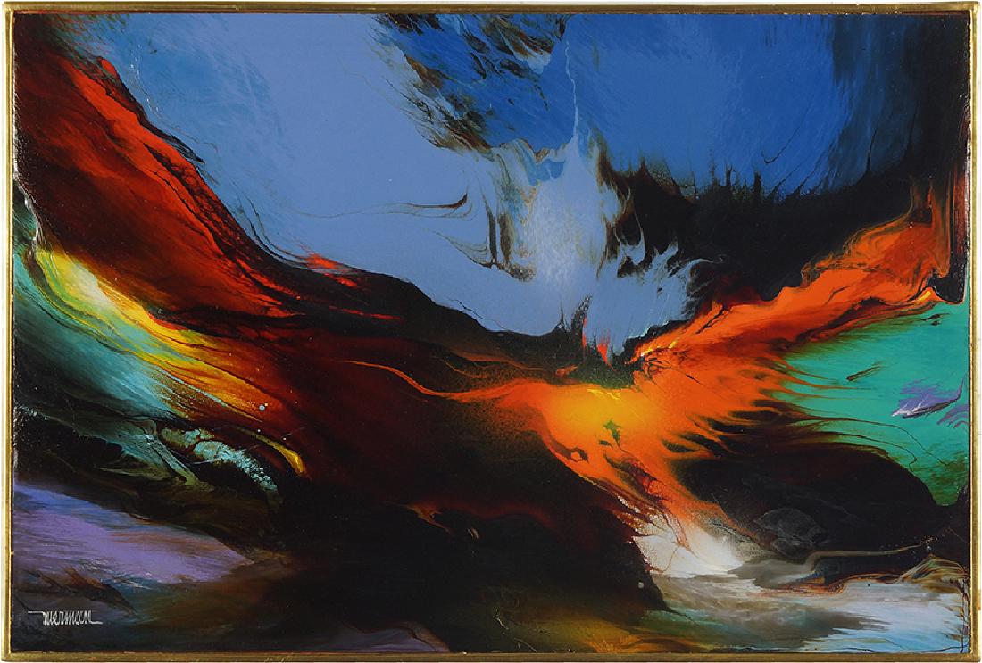 Leonardo Nierman (Mexican, B. 1932) Lava.: Leonardo Nierman (Mexican, B. 1932) Lava. Oil on board, signed lower left and titled en verso 15.75" x 23.5" Frame: 16.25" x 24.25"