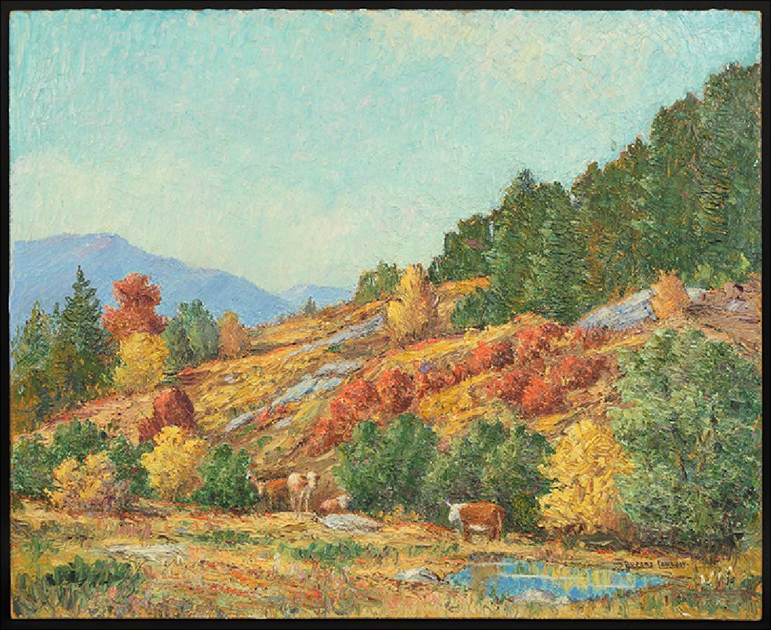 Rupert Lovejoy (American, 1885-1975) Hessian Hill -: Rupert Lovejoy (American, 1885-1975) Hessian Hill - Parsonfield, Maine. Oil on board, signed lower right; signed and titled en verso, unframed. Provenance: R.H. Love Galleries, Chicago 18" x 22"