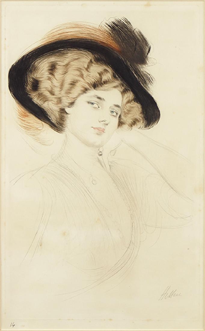 Paul-Cesar Helleu (French, 1859-1927) Jeune Femme au: Paul-Cesar Helleu (French, 1859-1927) Jeune Femme au Regard Triste. Color drypoint, pencil signed lower right and numbered '14', with the blindstamp 'Cercle Librairie Estampes'. Provenance: Merrill Ch