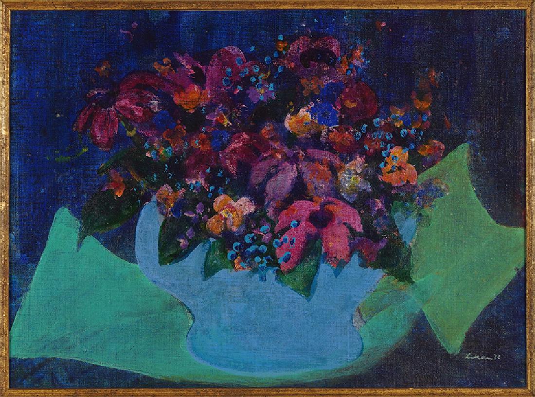 Gustav Likan (Yugoslavian, 1912-1998) Flowers.: Gustav Likan (Yugoslavian, 1912-1998) Flowers. Acrylic on canvasboard, signed lower right and dated '72. Provenance: Merrill Chase Galleries, Chicago 14" x 19" Frame: 19.75" x 24.75"