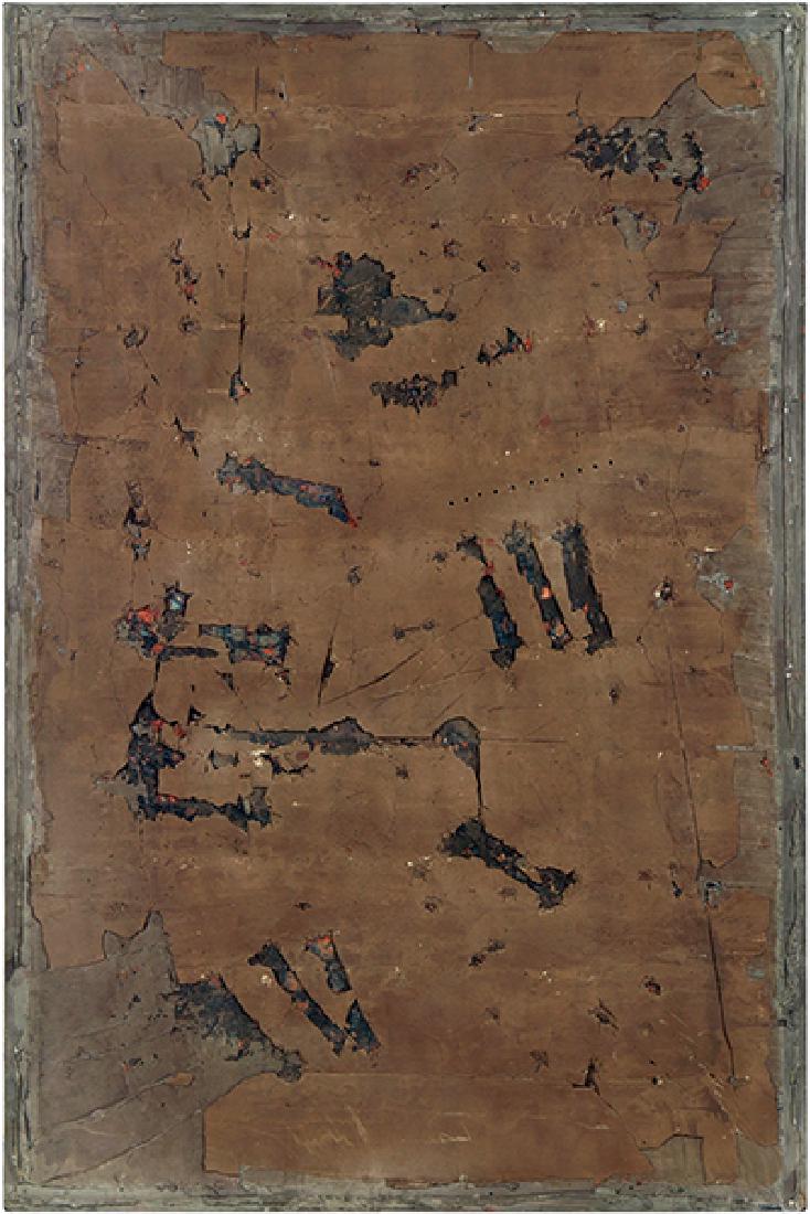 Harry Bouras (American, 1931-1990) Lizbie Browne.: Harry Bouras (American, 1931-1990) Lizbie Browne. Oil and plaster on canvas, signed en verso, titled, dated 'July 1977', and inscribed 'No. 4', unframed 72" x 48"