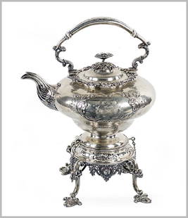 A 19th Century Scottish Silver Hot Water Kettle On: A 19th Century Scottish Silver Hot Water Kettle On Stand. Chased silver hot water kettle is hallmarked for George Innes, Glasgow, 1835. Later silver stand is hallmarked for William Clarke Shaw, Glasgo