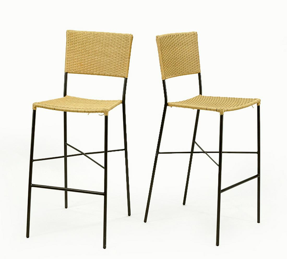A Pair of Crate & Barrel Stools.: A Pair of Crate & Barrel Stools. Metal frames with woven seats and backrests Seat height: 29" Back height: 44"