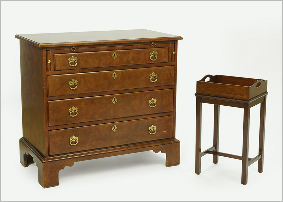 A Mahogany Chest Of Drawers.: A Mahogany Chest Of Drawers. With pull out serving surface. Together with a mahogany tray table (21.5" x 12" x 10") Chest: 30" x 33" x 18"