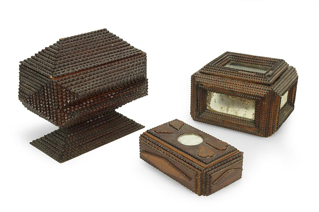 Three Tramp Art Boxes.: Three Tramp Art Boxes. Largest: 10.25" x 12.5" x 8.25"