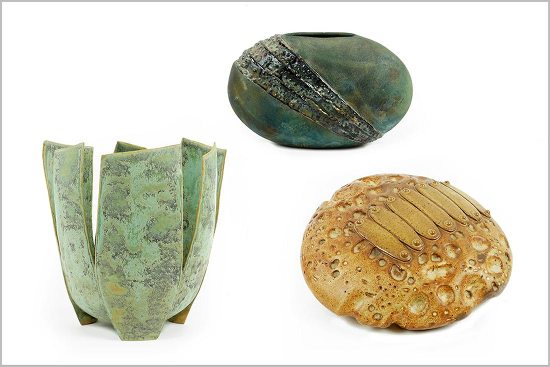 Three American Glazed Ceramic Items.: Three American Glazed Ceramic Items. Comprising a William Turner raku vase, an abstract sculpture signed 'Poole' and dated '98, and another vase, unsigned Taller vase: 10.25"