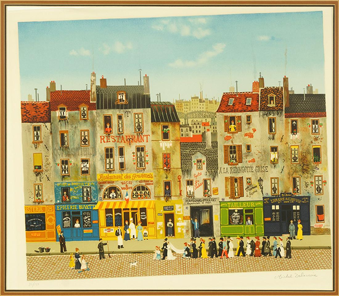 Michel Delacroix (French, B. 1933) Wedding Procession.: Michel Delacroix (French, B. 1933) Wedding Procession. Color lithograph, pencil signed lower right and numbered 86/150 19.5" x 22.75" Frame: 33" x 36"