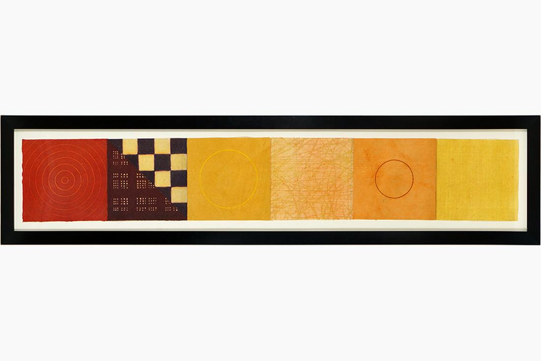 David Shapiro (American, 1944-2014) Savasan 88-96-P.: David Shapiro (American, 1944-2014) Savasan 88-96-P. Mixed media color prints on six joined sheets, pencil signed lower right, dated '96, and titled 12.5" x 76.25" Frame: 19.75" x 83"