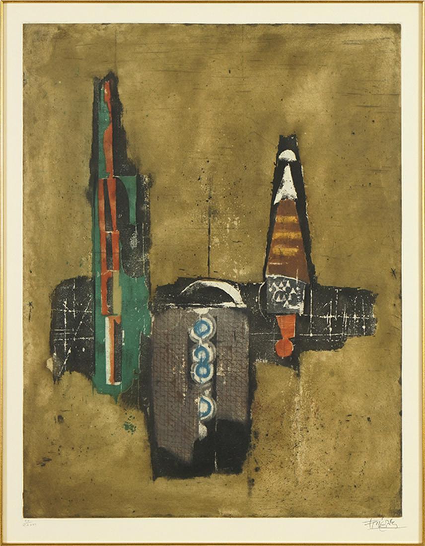 Johnny Friedlaender (German, 1912-1992) Composition on: Johnny Friedlaender (German, 1912-1992) Composition on Olive Ground. Color aquatint dated to 1977, pencil signed lower right and numbered XV/XXXVI 23.5" x 17.75" Frame: 37.5" x 31.75"