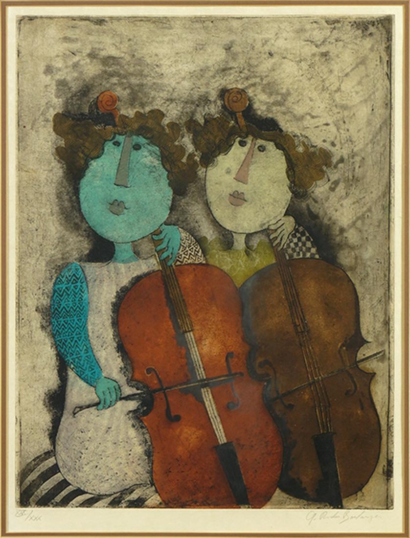 Graciela Rodo Boulanger (Bolivian/French, B. 1935) Les: Graciela Rodo Boulanger (Bolivian/French, B. 1935) Les Deux Musiciens. Color aquatint. Pencil signed lower right and numbered XXX/XXX Sight: 25" x 19.25" Frame: 37.25" x 29.25"