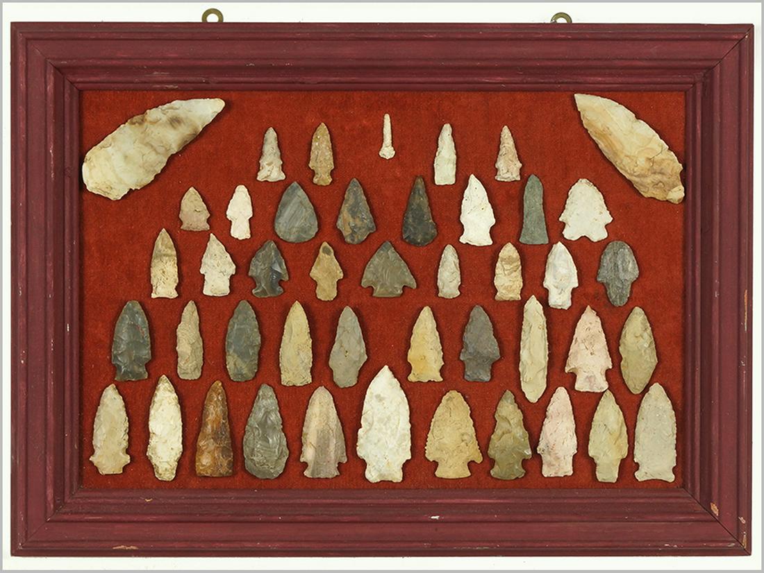 A Collection of Arrowheads.: A Collection of Arrowheads. Including 45 arrowheads, knives, drills, and scrapers, framed Frame: 15.25" x 21.25"