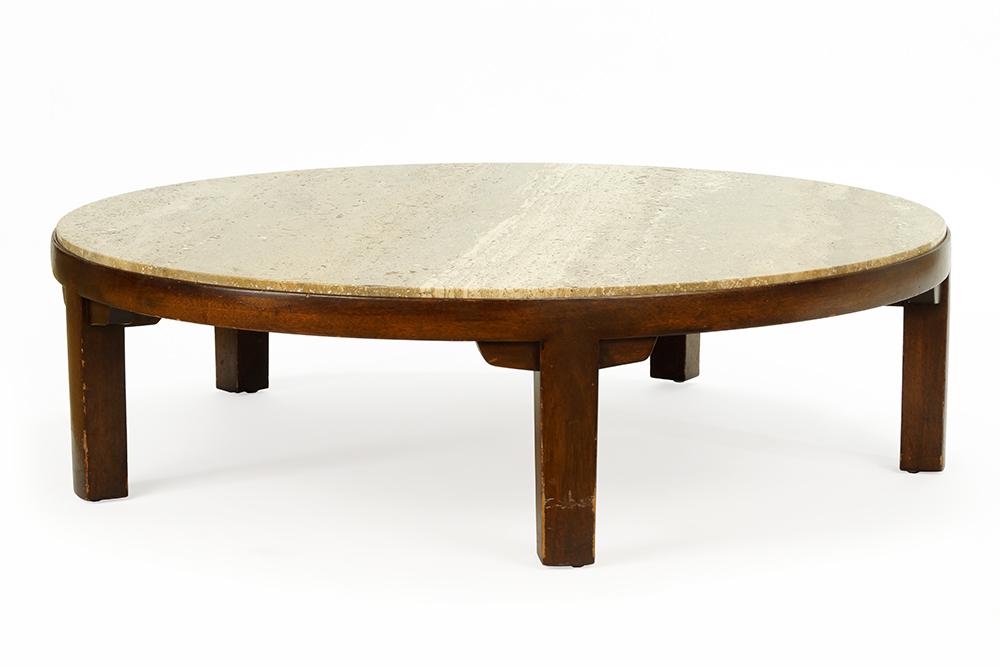 An Edward Wormley for Dunbar Low Table.: An Edward Wormley for Dunbar Low Table. Round mahogany base with a round travertine top. Model 5219. Labeled "Dunbar Berne, Indiana" 13.5" x 48.5"