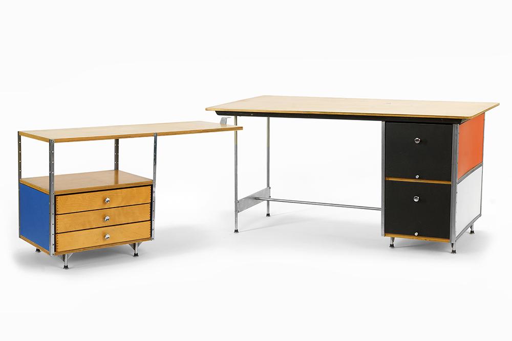 A Charles and Ray Eames for Herman Miller ESU Desk and: A Charles and Ray Eames for Herman Miller ESU Desk and Return. Birch top desk with red, white yellow, blue and black sides. Return is yellow and blue sided with a birch top and three drawers (26" x 47