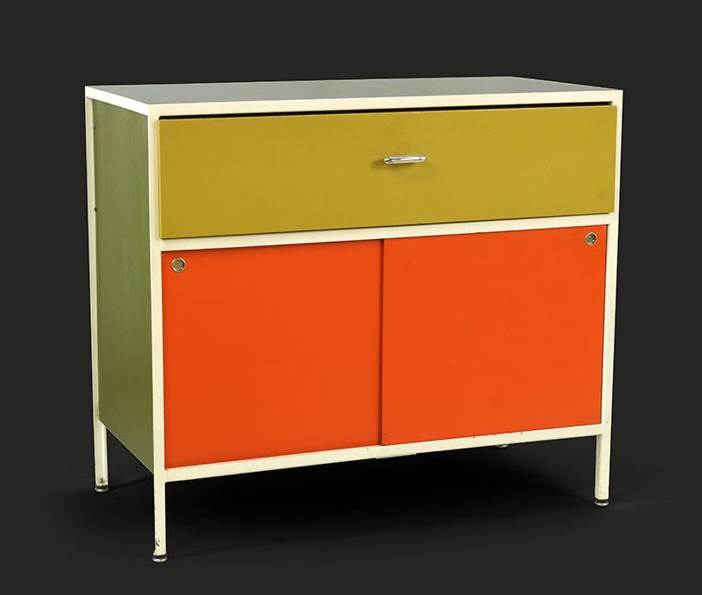A George Nelson & Associates Steelframe Cabinet.: A George Nelson & Associates Steelframe Cabinet. One drawer with two sliding doors, originally purchased 1961. With Herman Miller labels 30" x 33.5" x 18.5"