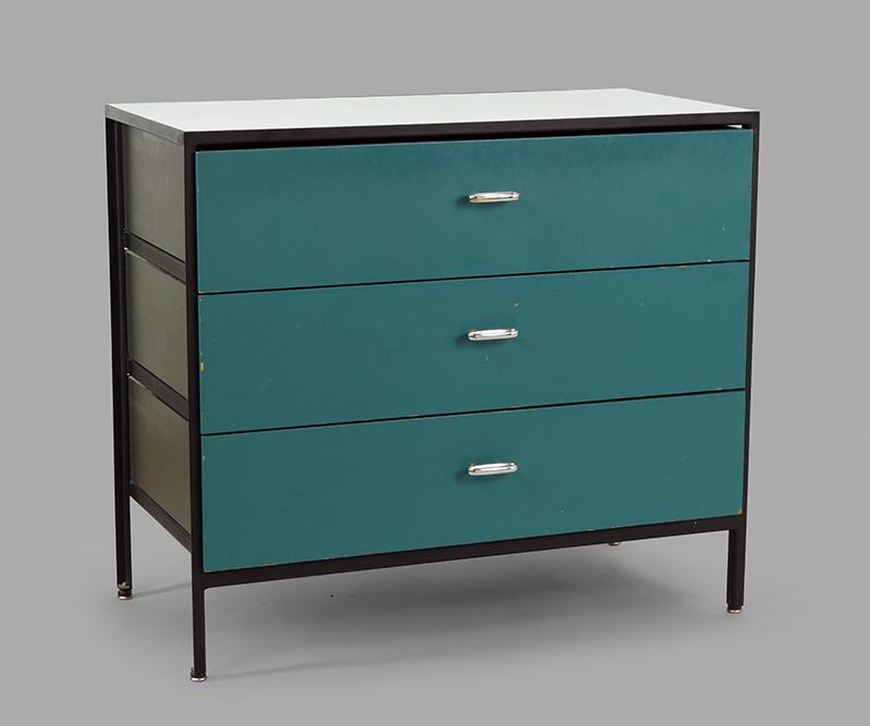 A George Nelson & Associates Steelframe Cabinet.: A George Nelson & Associates Steelframe Cabinet. Three drawer cabinet originally purchased in 1961. With Herman Miller labels 30" x 33.5" x 18.5"