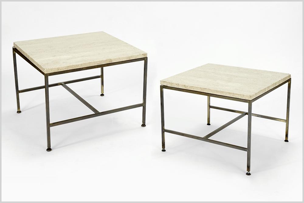 A Pair Of Paul McCobb Travertine Tables.: A Pair Of Paul McCobb Travertine Tables. Travertine top on metal frame 15.75" x 20" x 20"