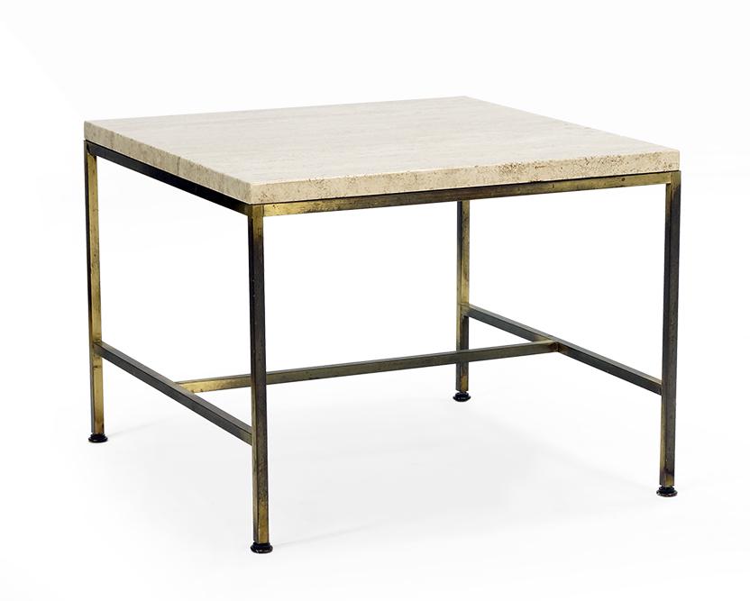 A Paul McCobb Travertine Table.: A Paul McCobb Travertine Table. Travertine top on metal frame 15.75" x 20" x 20"