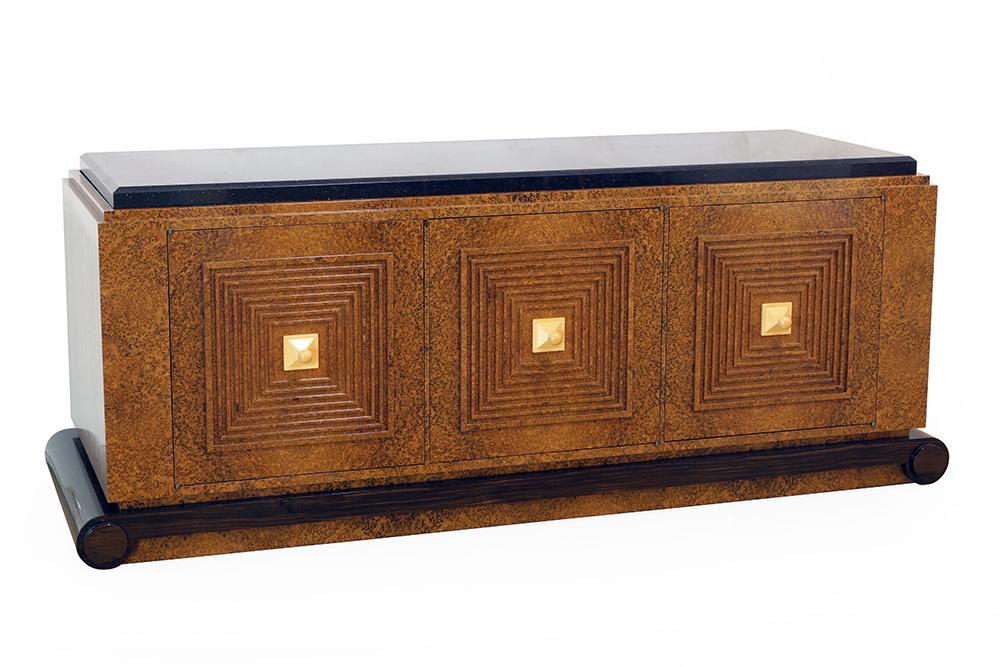 A Ruhlman Style Credenza.: A Ruhlman Style Credenza. Mixed wood and veneer cabinet with a marble top 28.5" x 72" x 25"
