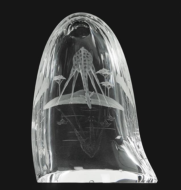 A James Houston for Steuben Etched Glass Sculpture: A James Houston for Steuben Etched Glass Sculpture 'Giraffe at Sunset'. Signed and numbered 5/25 on the underside, with original fitted box 9.5" x 7" x 3.5"