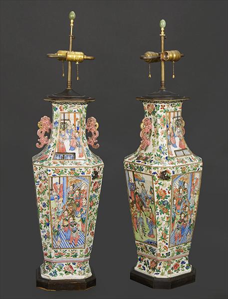 A Pair of Chinese Porcelain Vases.: A Pair of Chinese Porcelain Vases. Retrofitted for use as lamps Height to top of porcelain: 25.5"