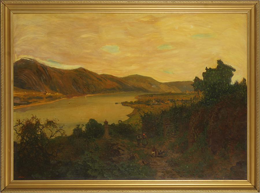 Heinrich Tomec (Czech, 1863-1928) River Scene With: Heinrich Tomec (Czech, 1863-1928) River Scene With Goatherds. Oil on canvas, laid down on board, signed lower left 39.25" x 55" Frame: 44.75" x 60.5"