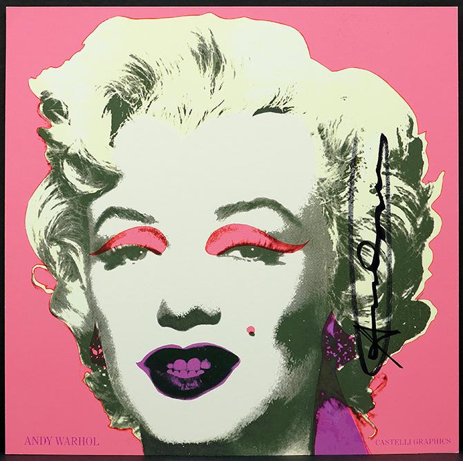 Andy Warhol (American, 1928-1987) Marilyn.: Andy Warhol (American, 1928-1987) Marilyn. Color offset lithograph, signed by Warhol in black marker at right. An exhibition announcement for 'Andy Warhol: A Print Retrospective 1963-1981' at Castelli