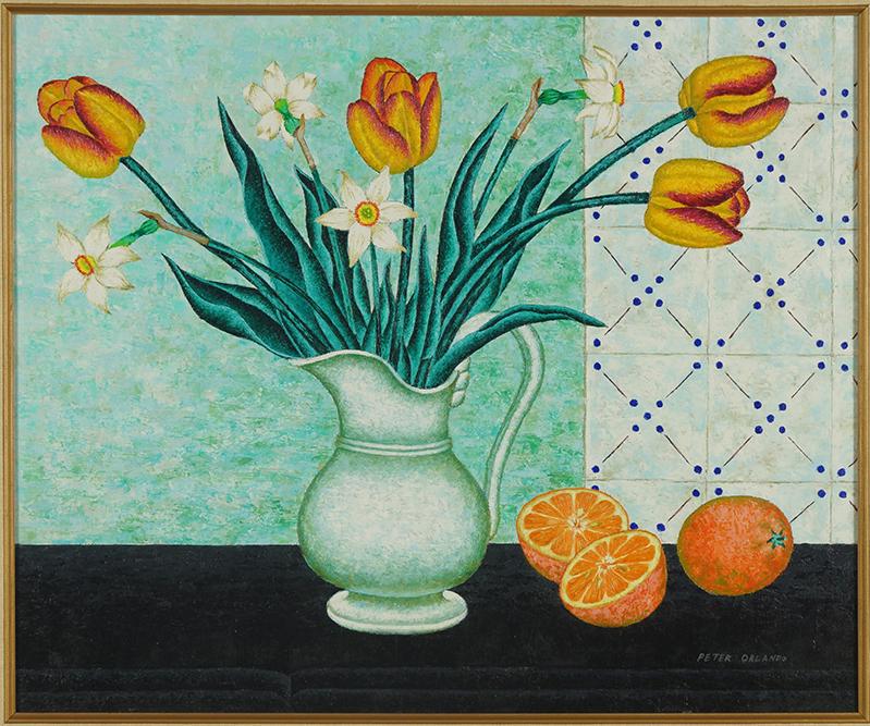Peter Orlando (American, 1921-2009) Les Tulipes.: Peter Orlando (American, 1921-2009) Les Tulipes. Oil on canvas, signed lower right, titled on stretcher. Provenance: Marshall Field & Co., Chicago 21.25" x 25.5" Frame: 28.25" x 32.5"