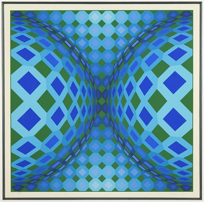 Victor Vasarely (Hungarian, 1906-1997) Blue Spheres.: Victor Vasarely (Hungarian, 1906-1997) Blue Spheres. Color serigraph, pencil signed lower right and numbered 13/250 29.25" x 29.25" Frame: 45" x 44.5"