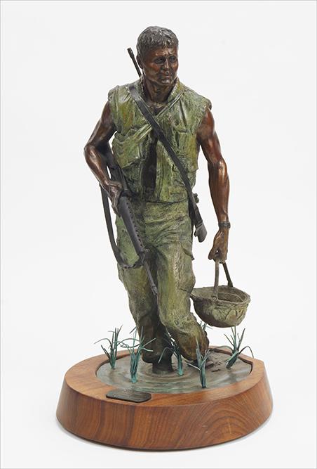 Clyde Ross Morgan (American, B. 1942) ...But Not: Clyde Ross Morgan (American, B. 1942) ...But Not Forgotten. Polychrome bronze sculpture, signed and dated 'Clyde Ross Morgan 1986' as well as titled on the base. Set on a wooden turntable Bronze heigh