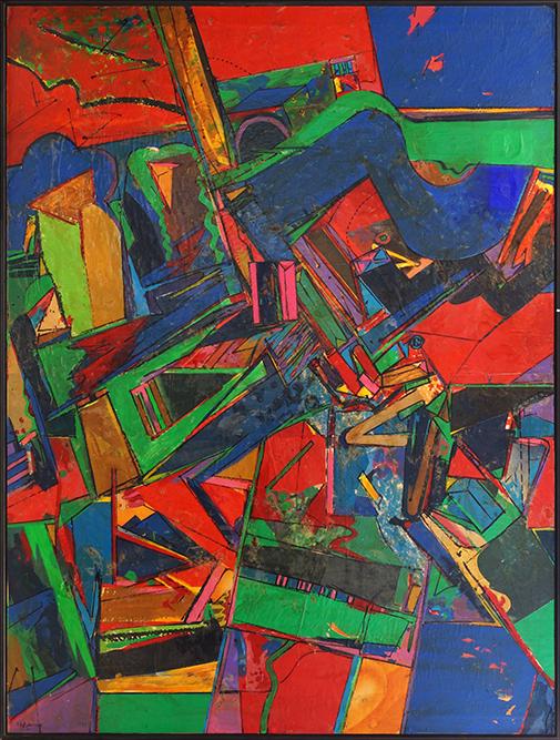 Harry Bouras (American, 1931-1990) The Summer of Stans.: Harry Bouras (American, 1931-1990) The Summer of Stans. Oil and collage on board, signed lower left, also signed, titled, and dated October 1975 en verso 96" x 72" Frame: 97.5" x 73.5"