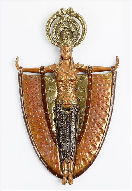 Romain de Tirtoff 'Erte' (Russian-French, 1892-1990): Romain de Tirtoff 'Erte' (Russian-French, 1892-1990) IndoChina Hand Mirror. Polychromed bronze framed hand mirror, dated 1985, stamped 'RK Parker', numbered 25/250, and signed 12" x 7"