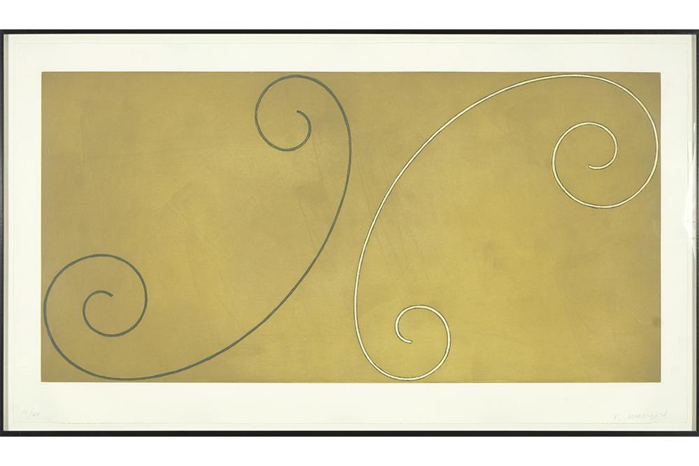 Robert Mangold (American, B. 1937) Double Curled: Robert Mangold (American, B. 1937) Double Curled Figure. Color etching and aquatint dated to 2002, pencil signed lower right and numbered 10/40 20.5" x 40.75" Frame: 29" x 48.5"