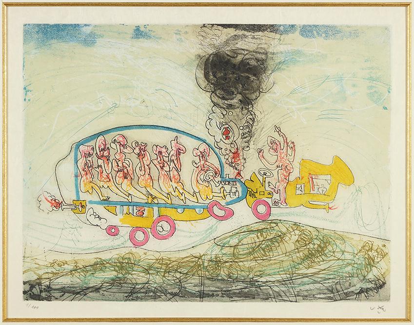 Roberto Matta (Chilean, 1911-2002) Les Oh! Tomobiles: Roberto Matta (Chilean, 1911-2002) Les Oh! Tomobiles Plate 5. Color etching and aquatint dated to 1972, pencil signed lower right and numbered 1/100, printed on Japan nacre, published by Editions Geor