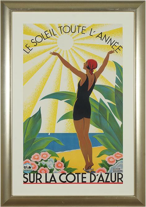 Roger Broders (French, 1883-1953) Le Soleil Toute: Roger Broders (French, 1883-1953) Le Soleil Toute L'Annee, Sur La Cote D'Azure. Color lithographic poster, 1931 38.5" x 24", Frame: 50" x 35.25"