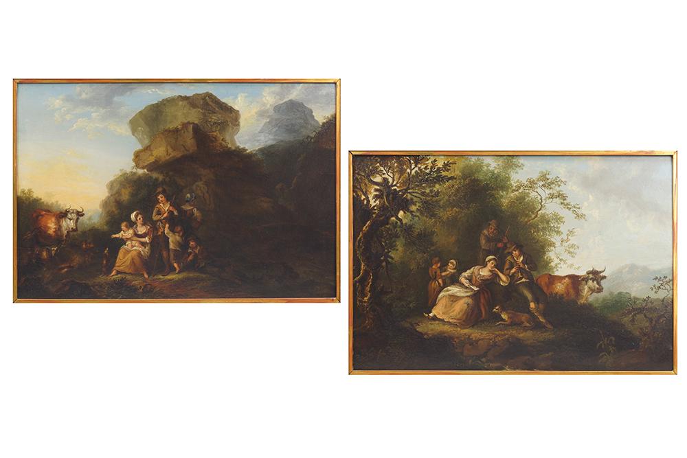 In the Style of Francesco Zuccarelli (Italian,: In the Style of Francesco Zuccarelli (Italian, 1702-1788) Pastoral Landscape with Family Resting: A Pair. Two oils on canvas. Provenance: Morony Galleries, Washington DC Each: 13.75" x 19" Frames: 18.