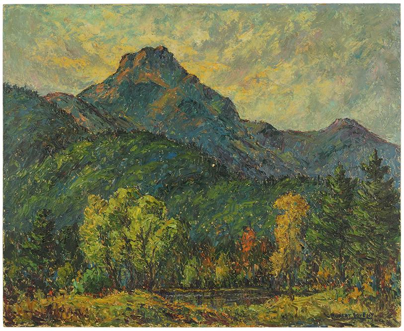 Rupert Lovejoy (American, 1885-1975) Sunset Back of Mt.: Rupert Lovejoy (American, 1885-1975) Sunset Back of Mt. Chocorua. Oil on masonite, signed lower right, titled en verso, unframed 18" x 22"