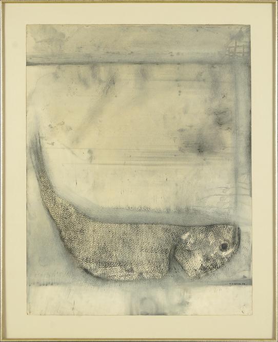 Rafael Coronel (American, B. 1931) Fish in Ice.: Rafael Coronel (American, B. 1931) Fish in Ice. Watercolor and gouache, signed lower right and dated '58 25.5" x 19.75" Frame: 37.5" x 32"