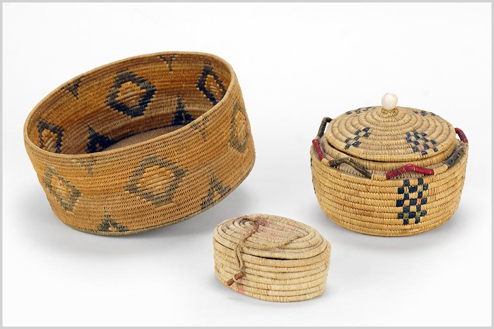 An Alaskan Inuit Bowl.: An Alaskan Inuit Bowl. Round woven bowl. Together with an Inuit lidded basket with bone handle and an oval Inuit lidded basket Bowl: 3" x 7"