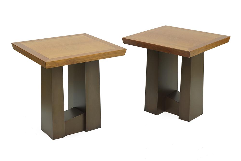 A Pair of Holly Hunt 'Studio H' Tables: A Pair of Holly Hunt 'Studio H' Tables. Double vertical supports beneath a near square wood grain top 26.5" x 26" x 24"