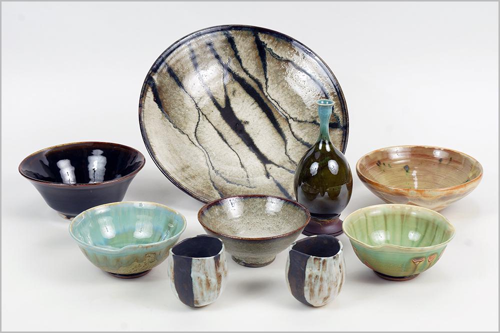 Eugene Deutch (American, 1904-1959) A Bowl.: Eugene Deutch (American, 1904-1959) A Bowl. Signed and dated 1945 on the underside. Together with a collection of American glazed ceramic items including a pair of bowls and a vase (signed by the same