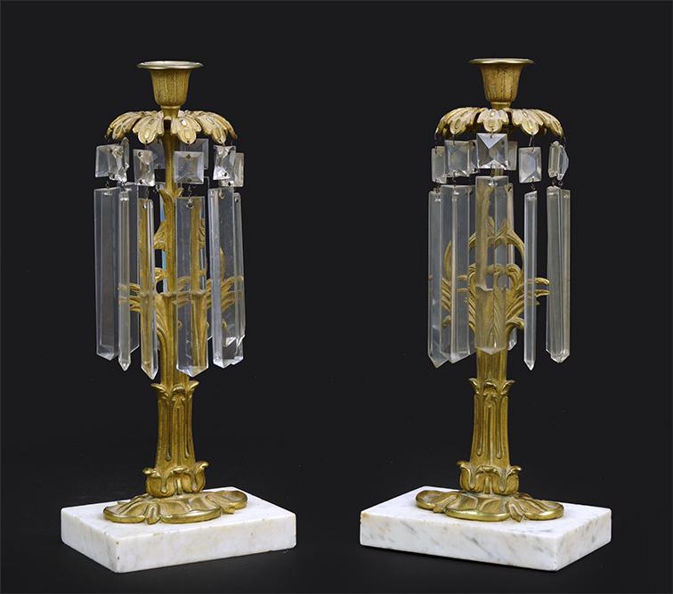 A Pair of Gilt Brass Girandoles.: A Pair of Gilt Brass Girandoles. Mounted to stone bases Height: 13.5"