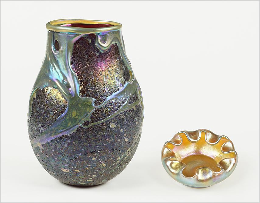 A Favrile Glass Salt Cellar.: A Favrile Glass Salt Cellar. Inscribed "L.C.T". Together with a glass vase marked "L.C.T. FAVRILE C41" (Ht: 5.5") Cellar: 1" x 2.5"