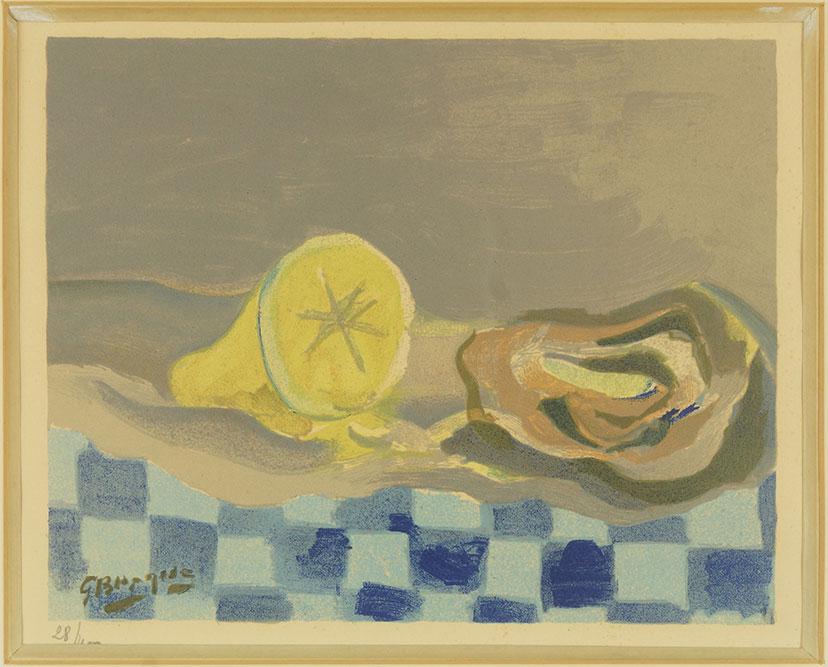 After Georges Braque (French, 1882-1963) Huitre et: After Georges Braque (French, 1882-1963) Huitre et Citron. Color lithograph. Unsigned. Numbered in pencil 28/400. Reference: Maeght 1006 Sight: 7.25" x 9.25" Frame: 15" x 17"