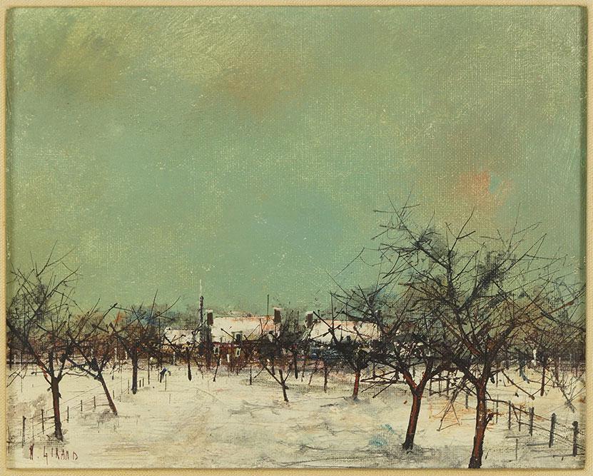 Michelle Girard (French, 20th Century) Village in: Michelle Girard (French, 20th Century) Village in Winter. Oil on canvas, signed lower left 8.75" x 10.75" Frame: 11.75" x 13.75"