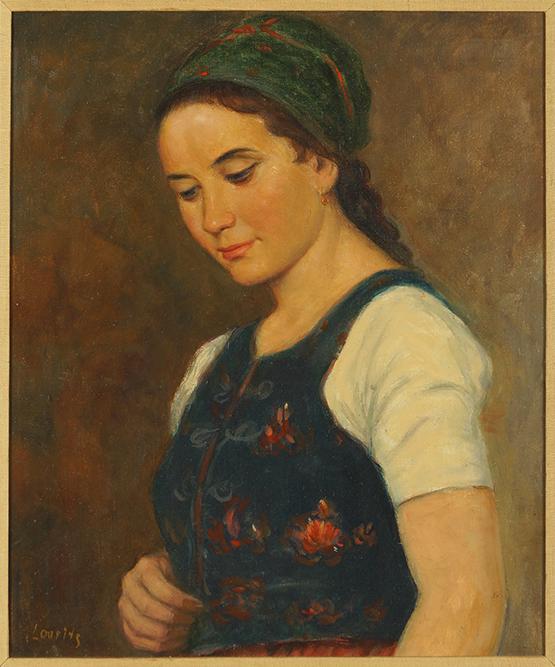 Lourins (20th Century) Girl in a Vest.: Lourins (20th Century) Girl in a Vest. Oil on canvas, signed lower left 24" x 20" Frame: 32" x 28"
